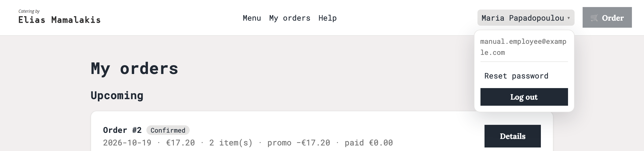 The top bar with the account menu open
