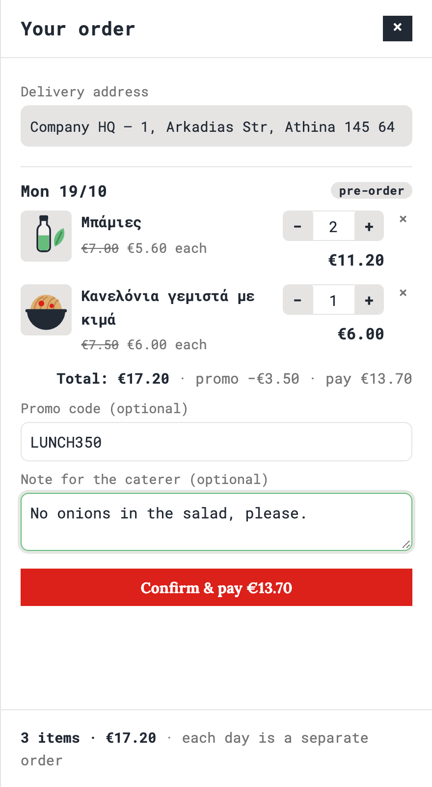 The order panel with items, the promo code applied and a note