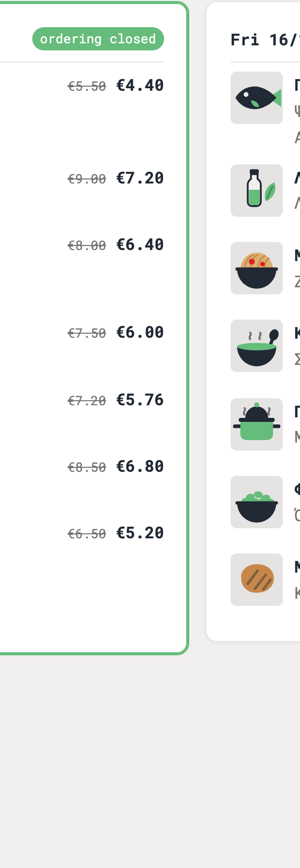 A day card with two dishes selected and the day total