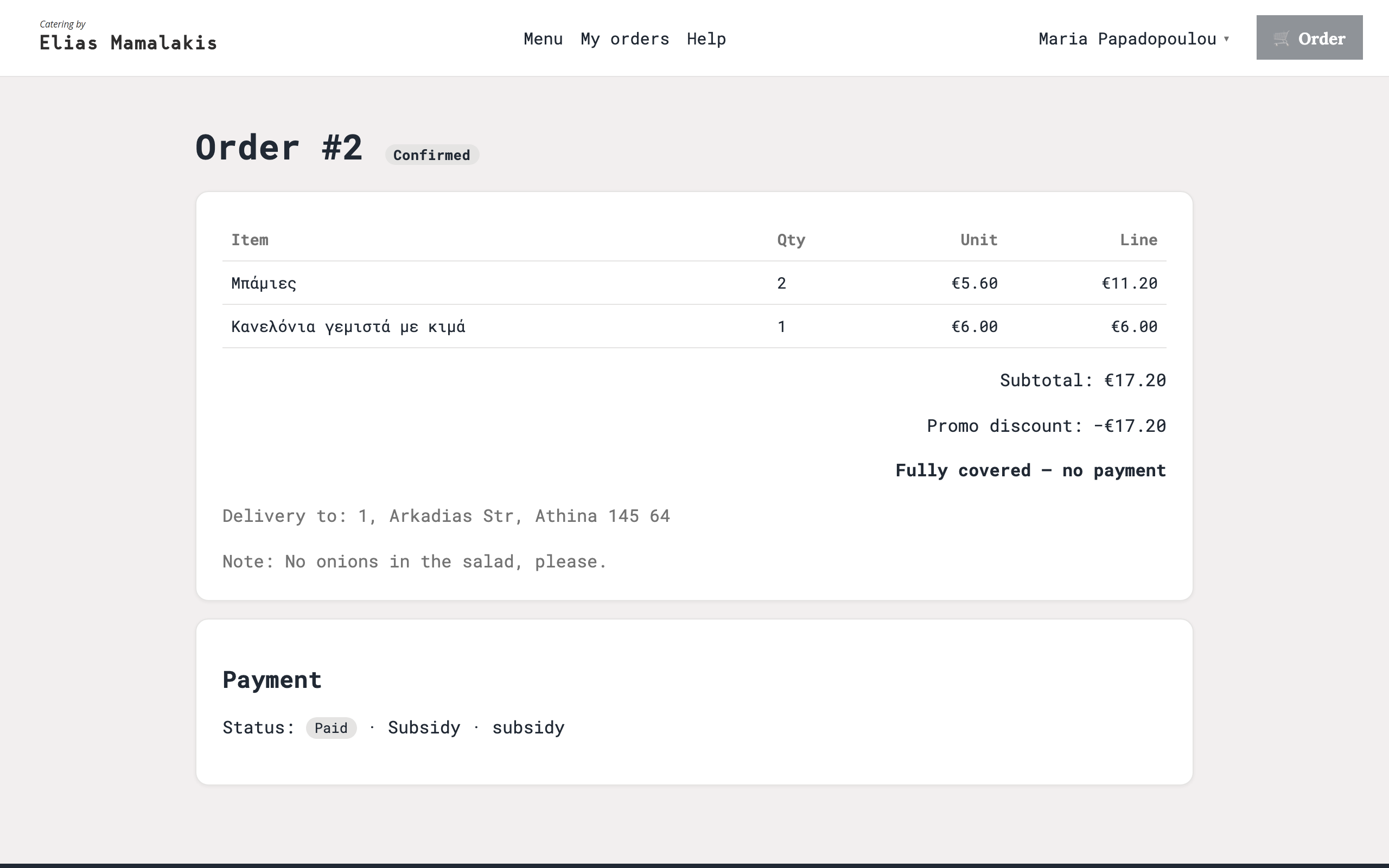 A confirmed order with its items, discount and delivery address