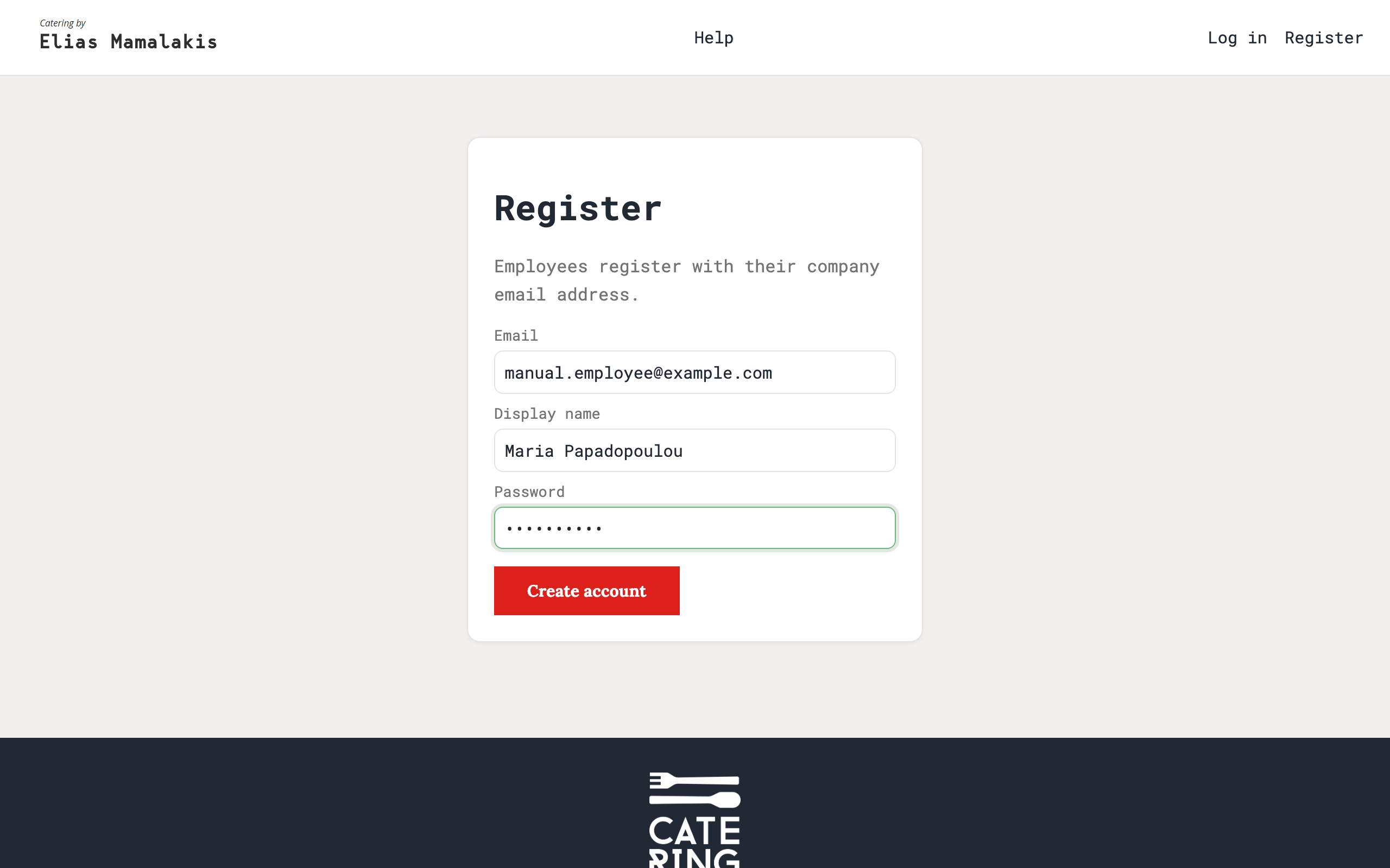 The registration form with email, display name and password fields